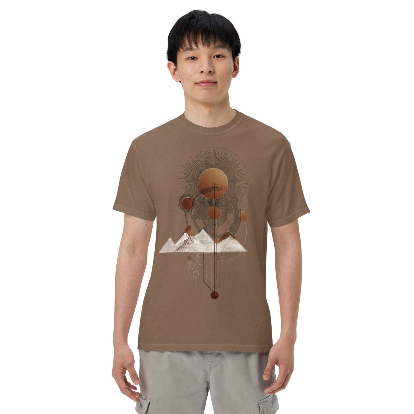 model wearing drop1 earth unisex geometric art t-shirt inspired by nature and harmony
