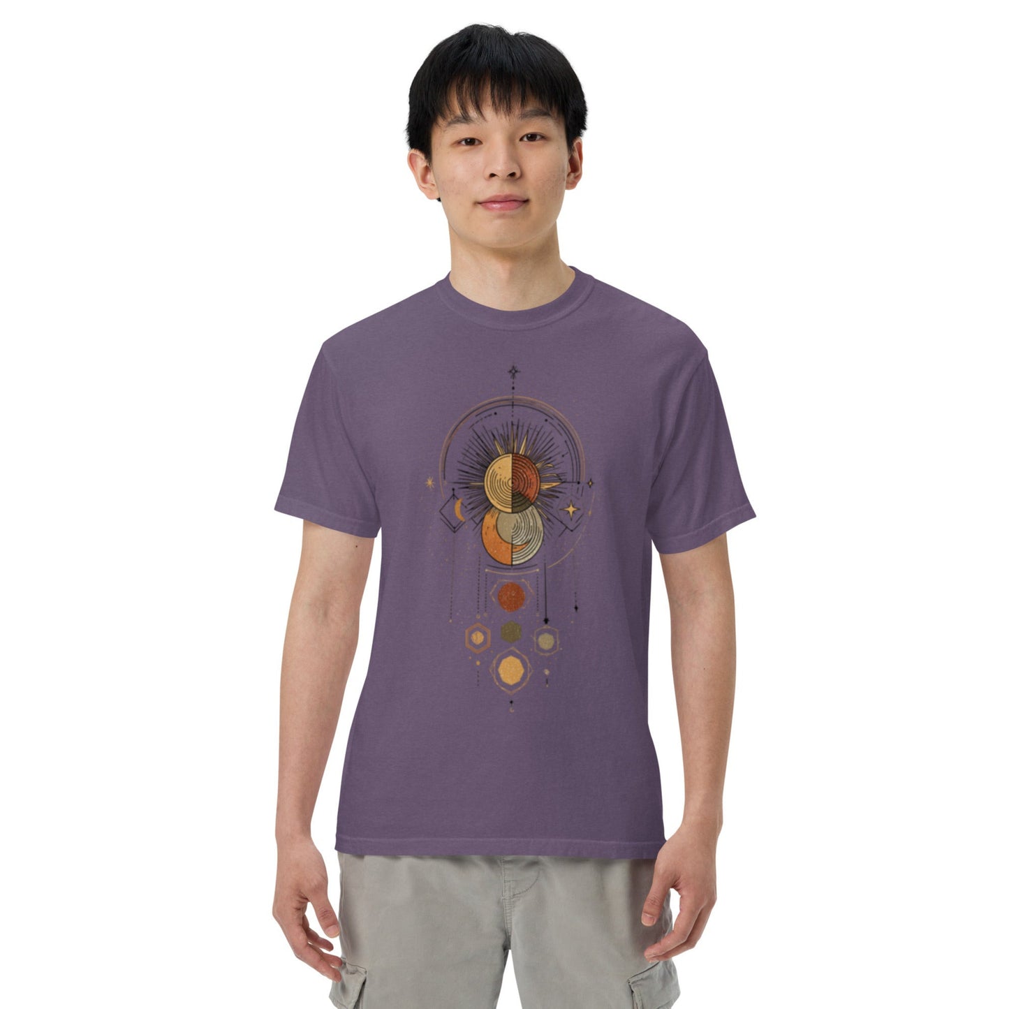 model wearing drop1 earth harmonic geometry t-shirt inspired by nature and balance
