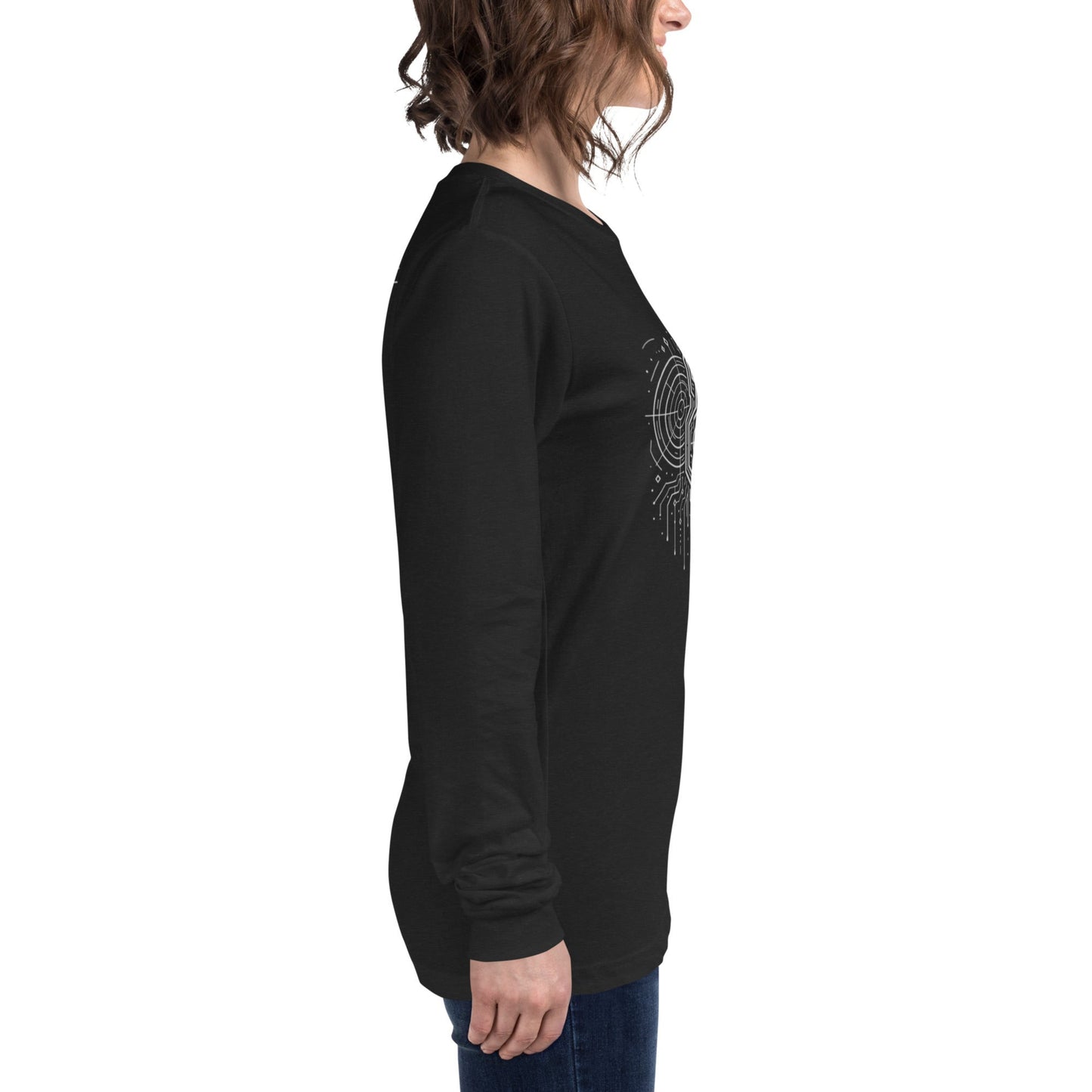 Side view of model wearing DROP1 black T-shirt with geometric streetwear design