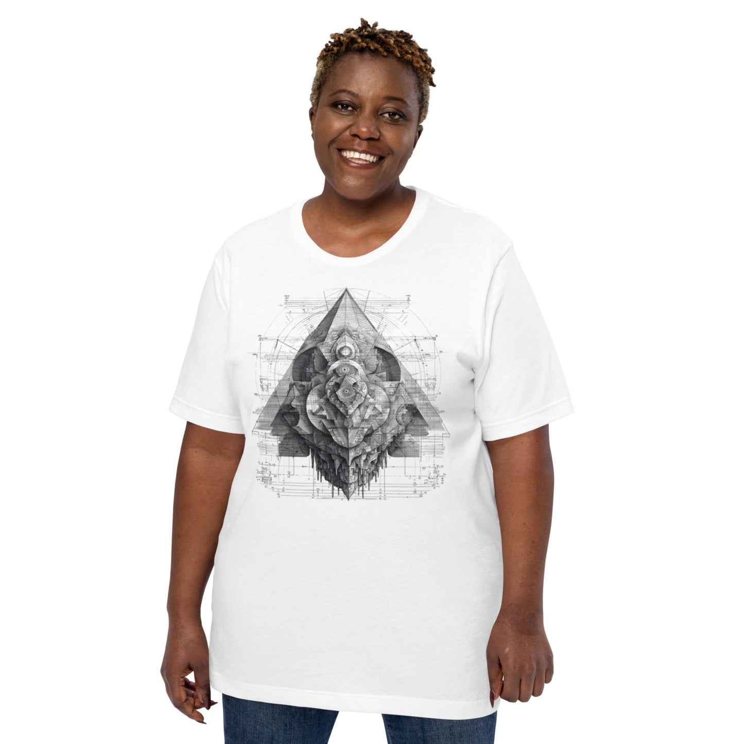 Front view of model in DROP1 one of a kind white streetwear T-shirt with geometric pattern