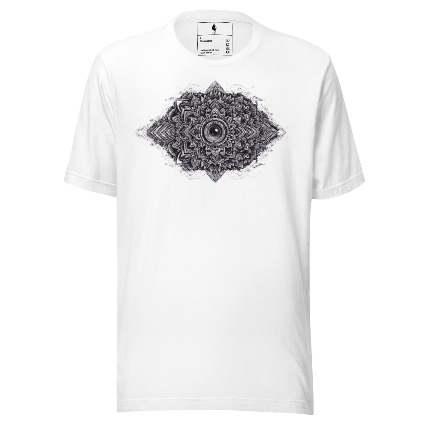 Flat lay front view of white T-shirt with monochrome geometric design, DROP1 streetwear