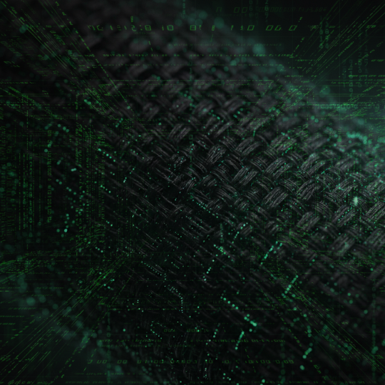 Microscopic visualization of Neural Fabric™ architecture. Entity #321 data strings integrated into carbon-black fibrous weave. Status: Deployed.