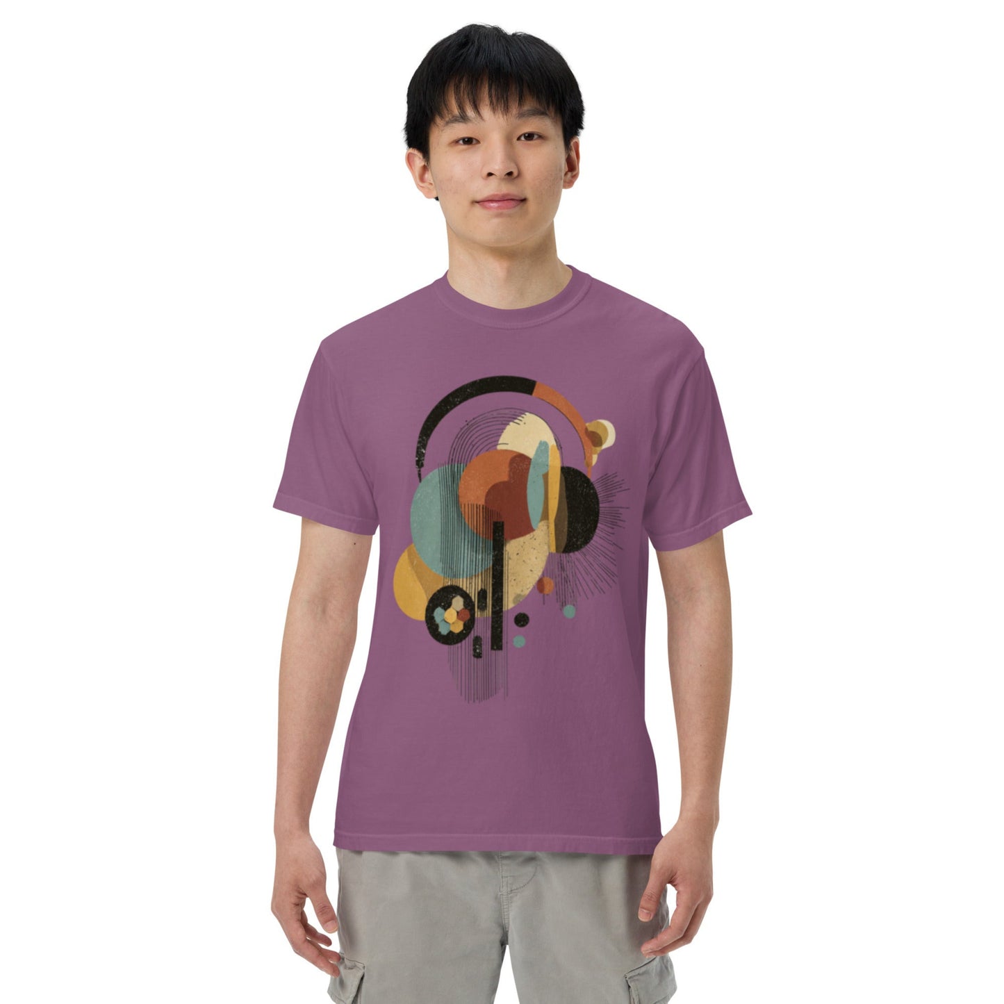 model wearing drop1 earth unisex geometric art t-shirt inspired by nature and harmony