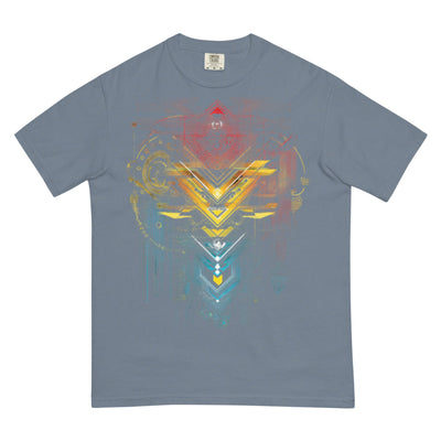 DROP1 EARTH harmonic geometry t-shirt flatlay front view minimal design.symbolizing connection between organic motion and symmetry.