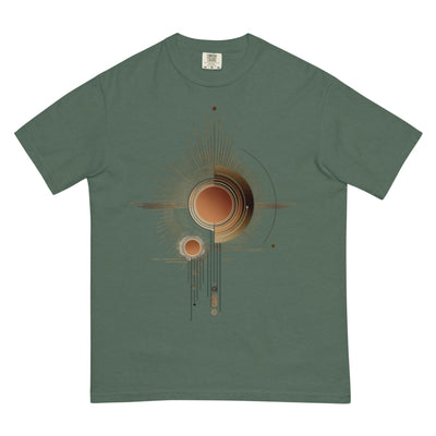 DROP1 EARTH harmonic geometry t-shirt flatlay front view minimal design.representing earth’s quiet energy and harmonic flow.