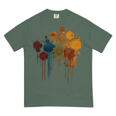 DROP1 EARTH harmonic geometry t-shirt flatly front view minimal design.based on the DROP1 EARTH palette of muted tones.