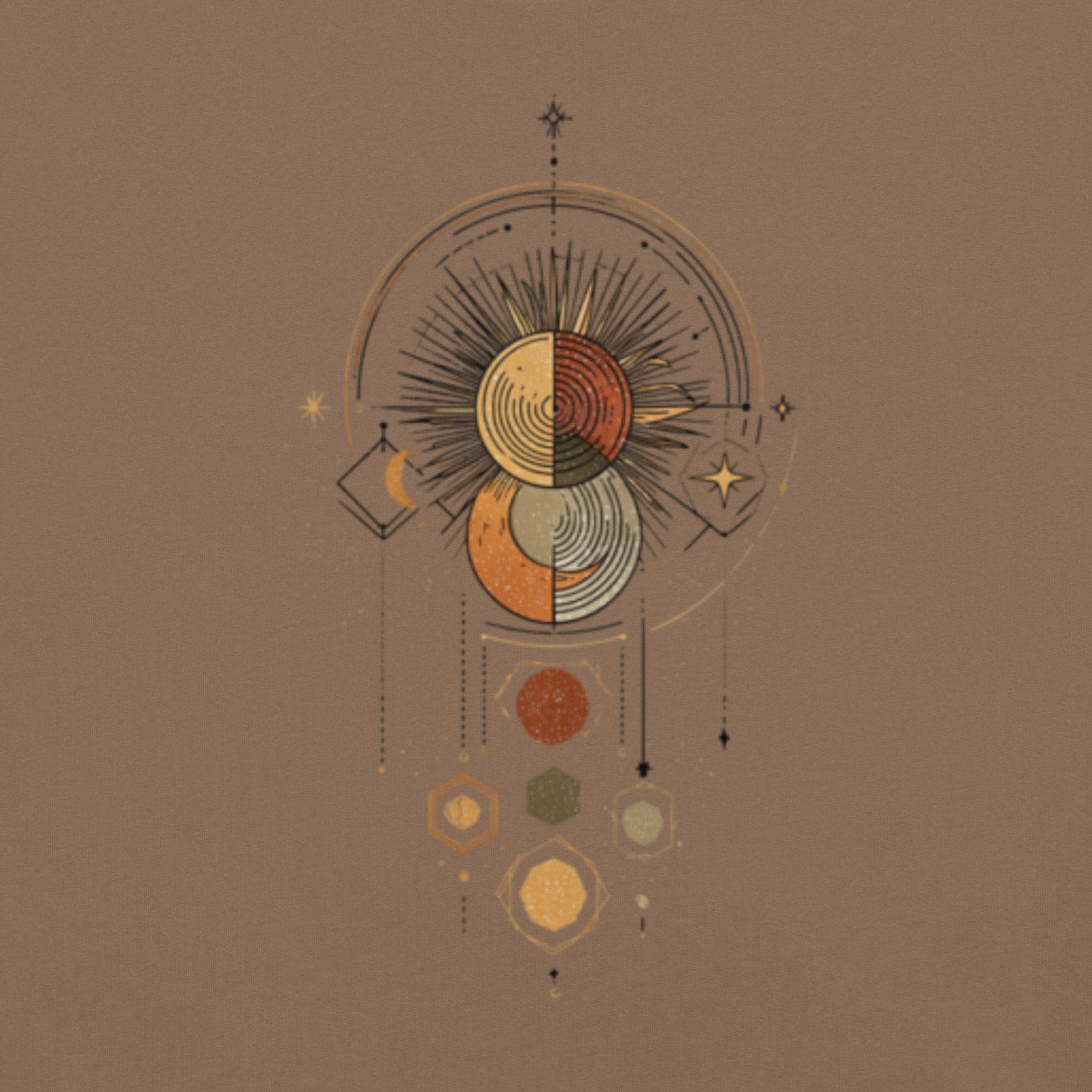 close-up of DROP1 EARTH organic geometry t-shirt fabric texture and print detail.expressing organic balance through elemental form.