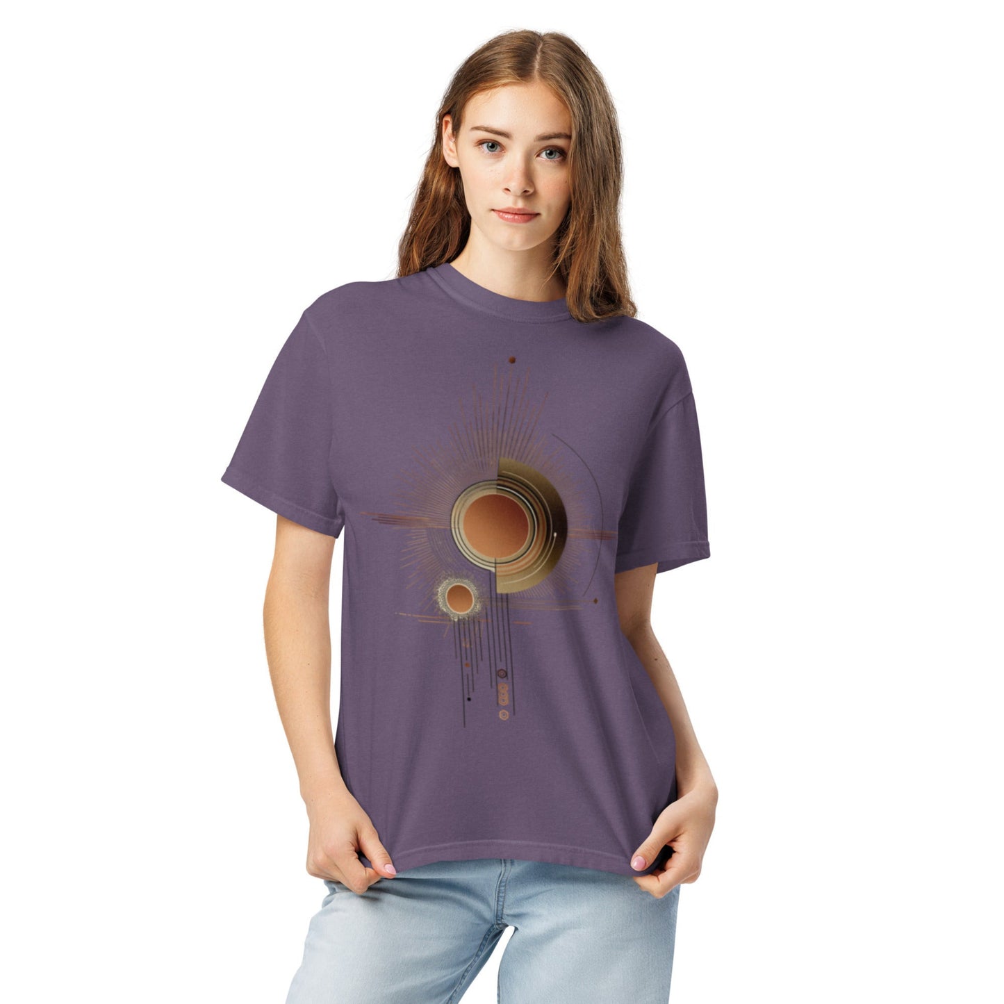 model wearing drop1 earth harmonic geometry t-shirt inspired by nature and balance