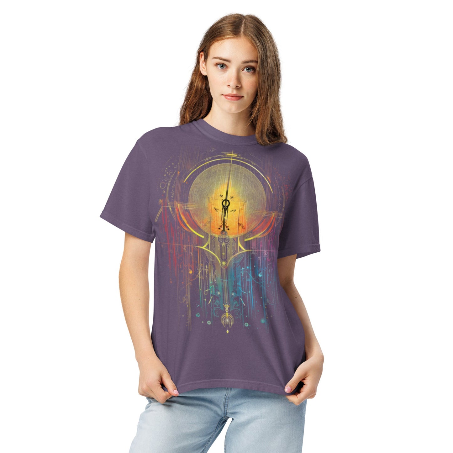 model wearing drop1 earth harmonic geometry t-shirt inspired by nature and balance