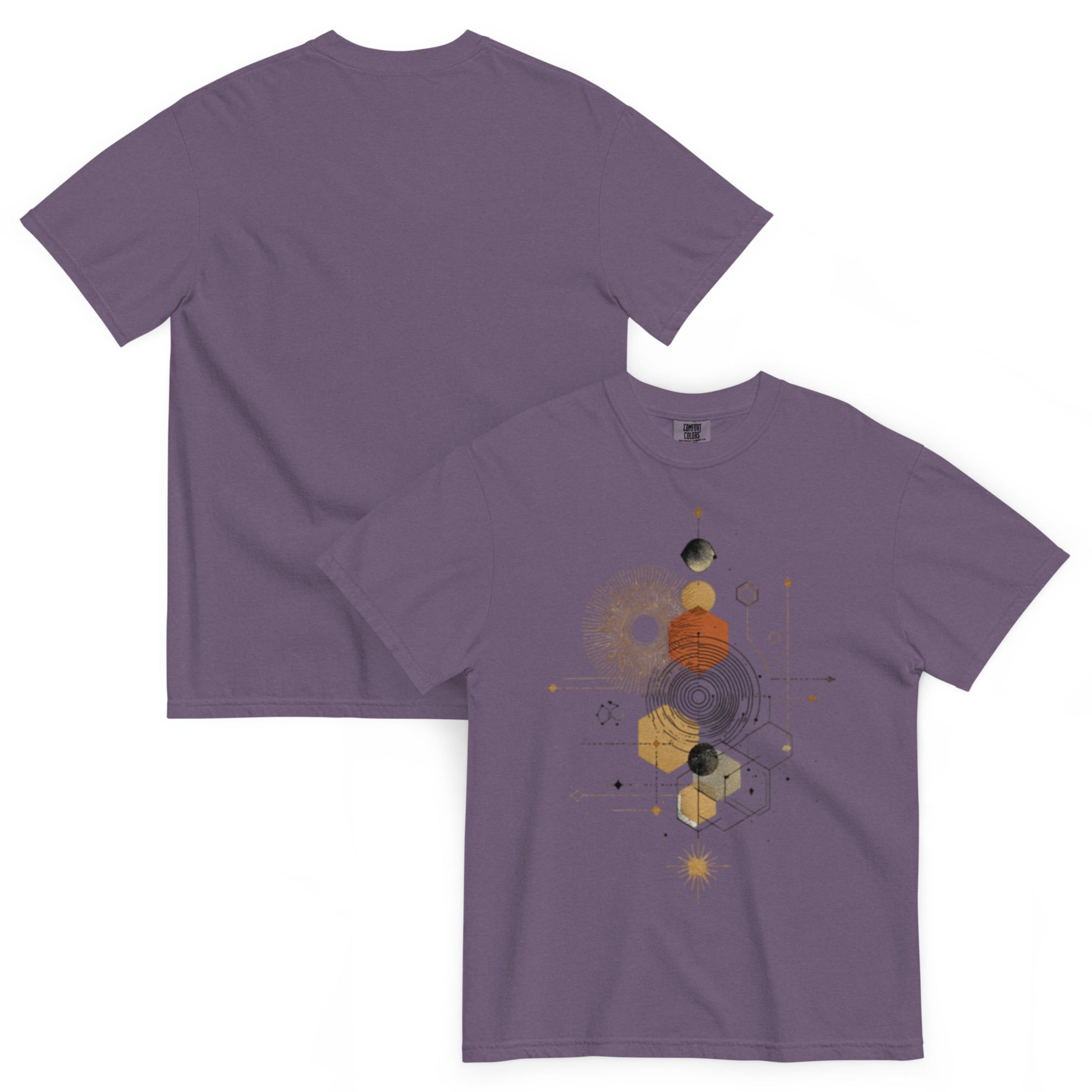 DROP1 EARTH artwear t-shirt flatlay back side organic geometry pattern.reflecting the muted rainbow tones of DROP1 Earth.