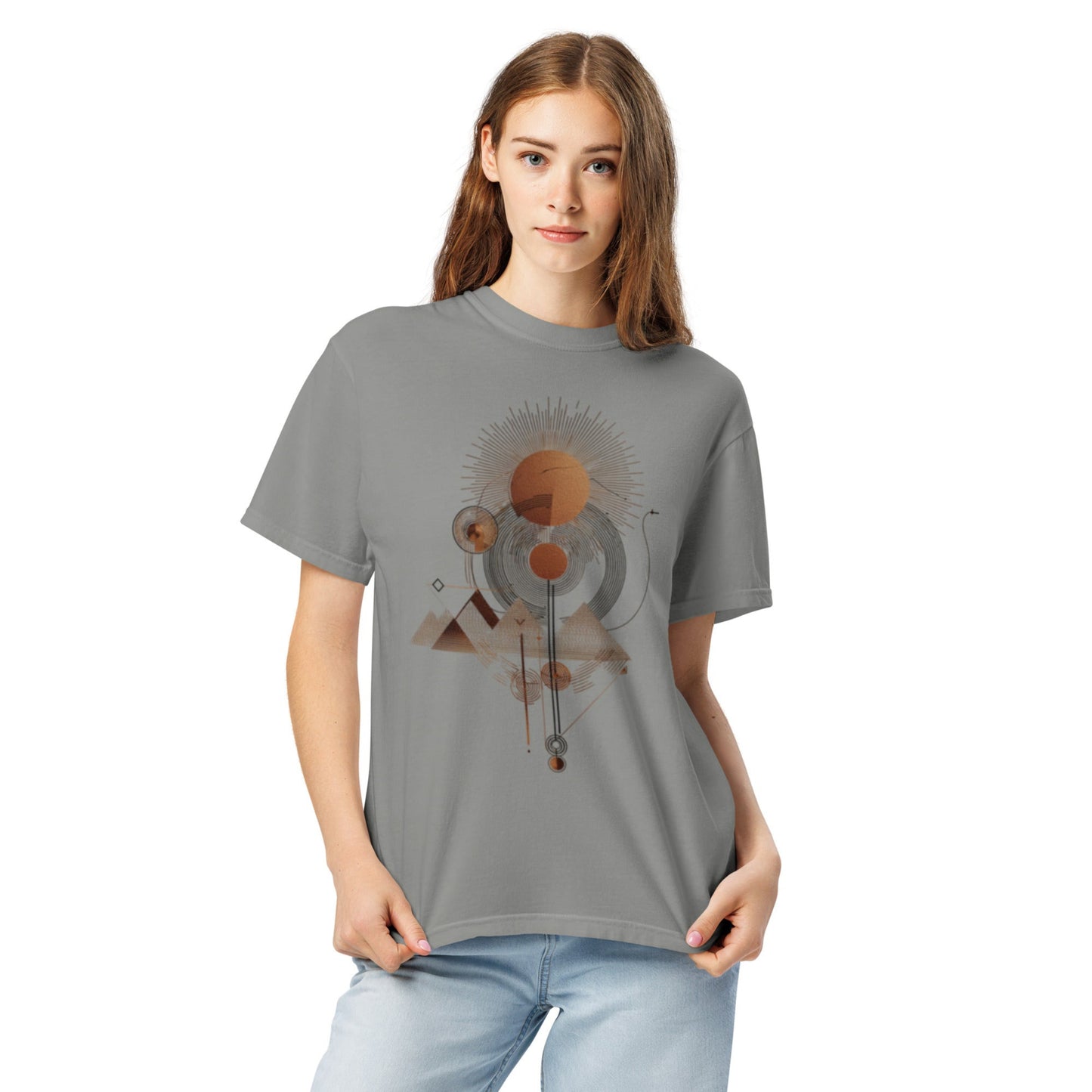 model wearing drop1 earth harmonic geometry t-shirt inspired by nature and balance