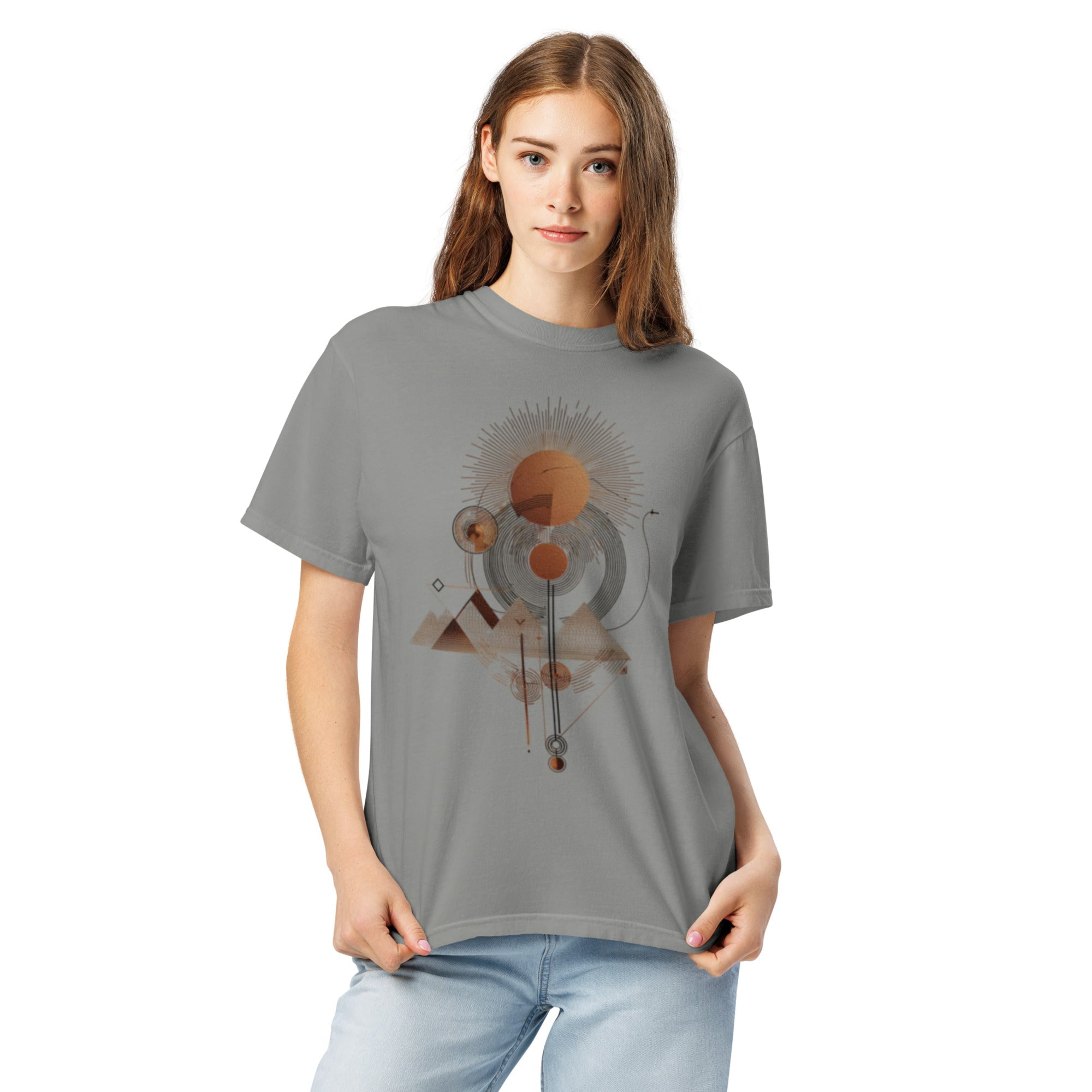 model wearing DROP1 EARTH harmonic geometry t-shirt inspired by nature and balance