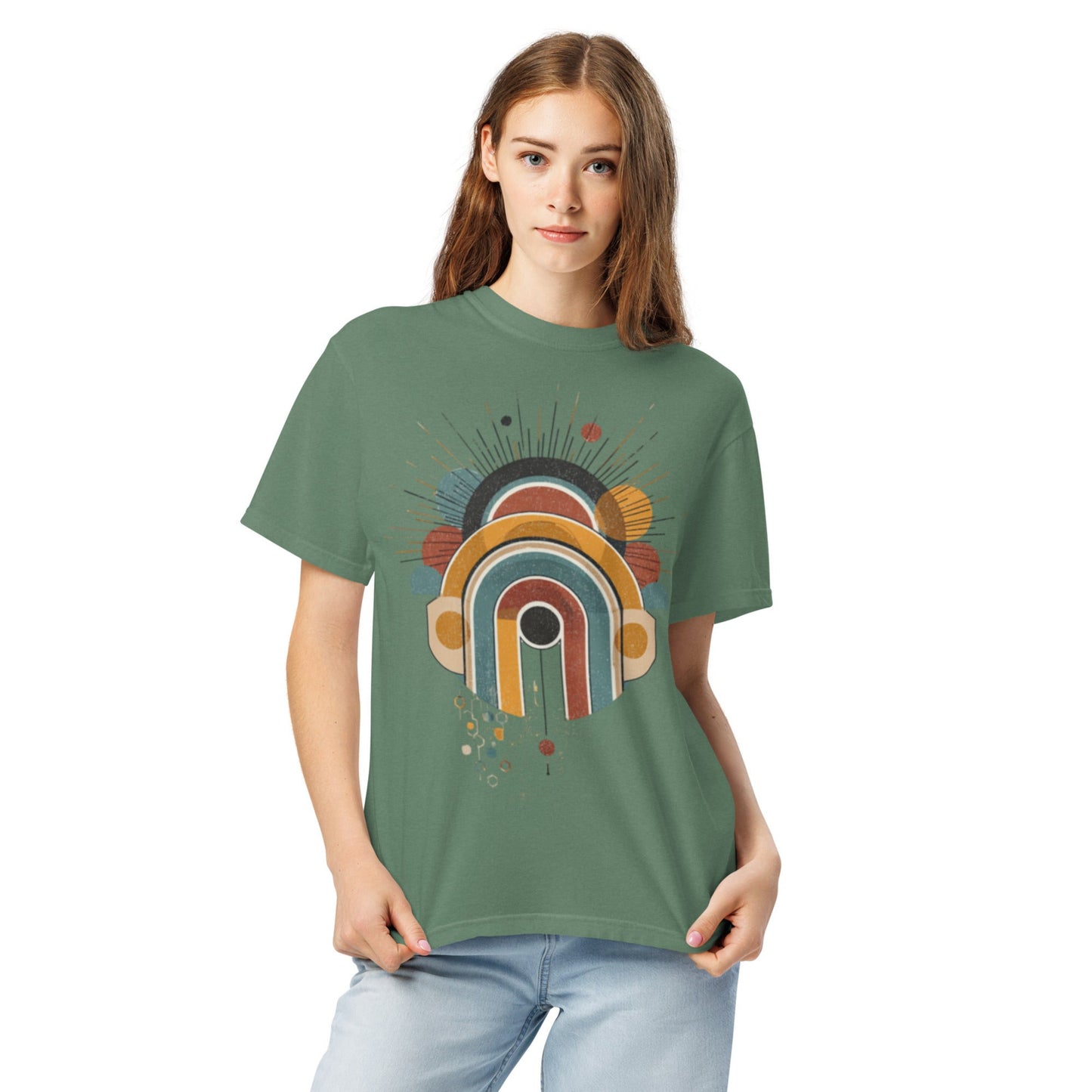 model wearing drop1 earth harmonic geometry t-shirt inspired by nature and balance