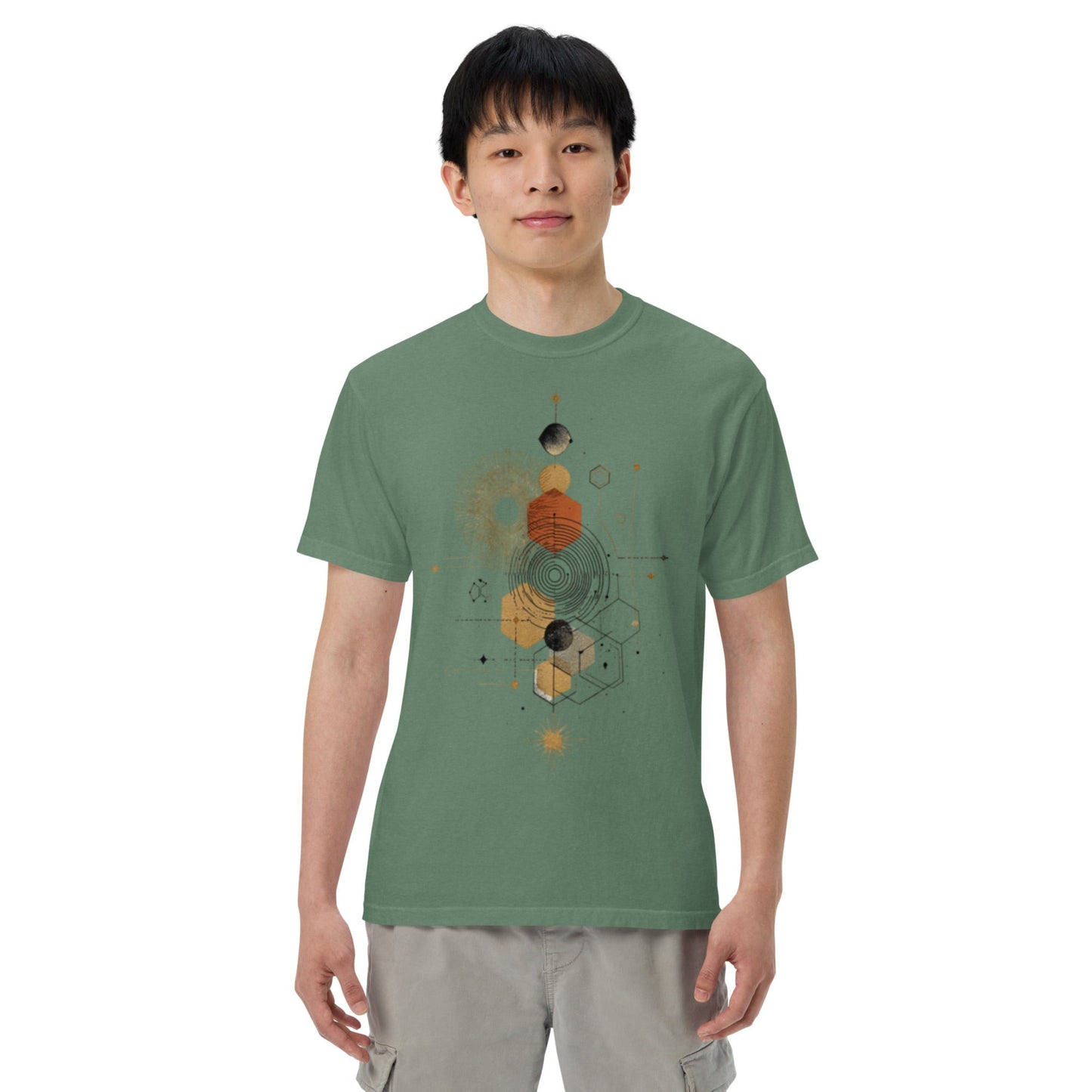 model wearing drop1 earth harmonic geometry t-shirt inspired by nature and balance