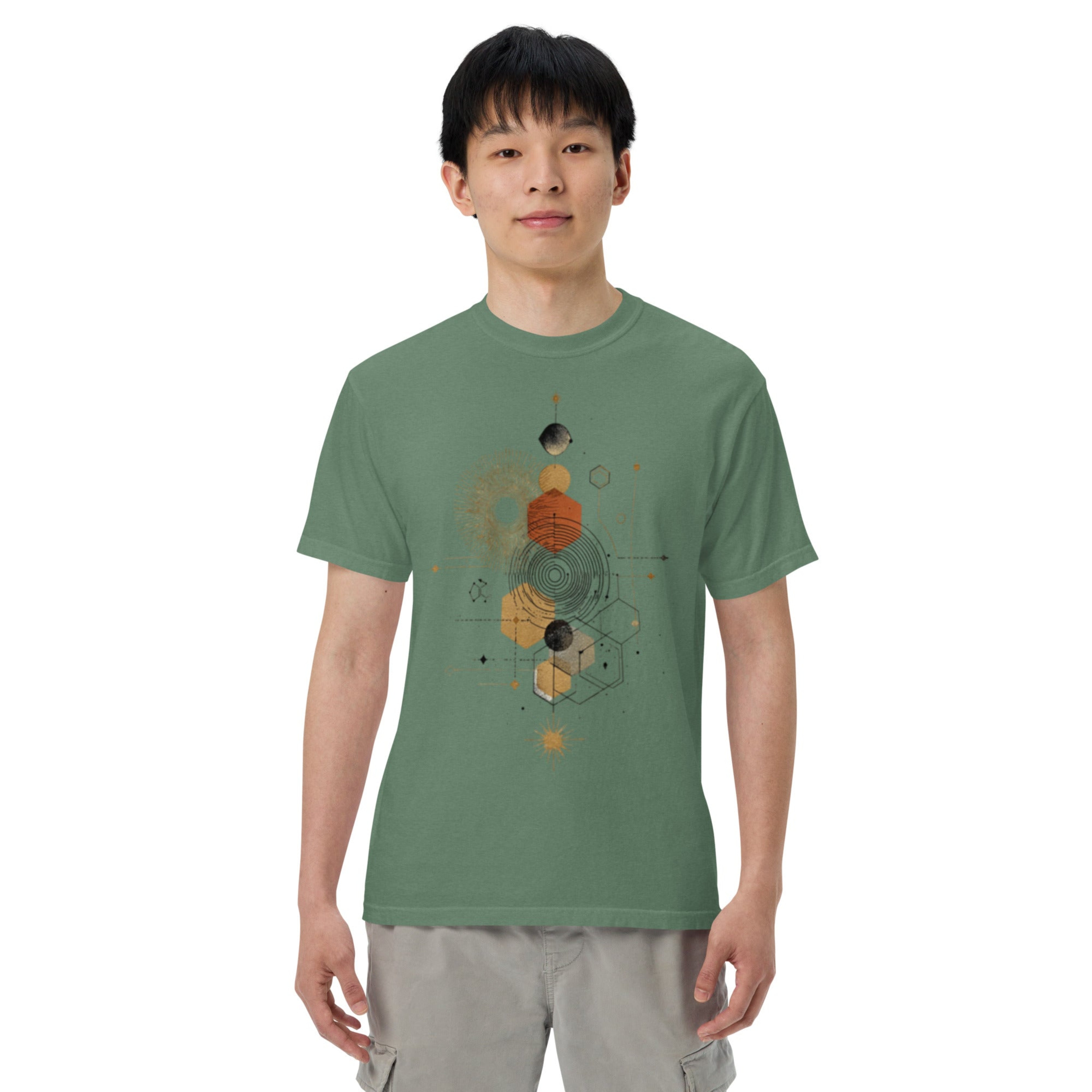 model wearing drop1 earth harmonic geometry t-shirt inspired by nature and balance.reflecting the muted rainbow tones of DROP1 EARTH.