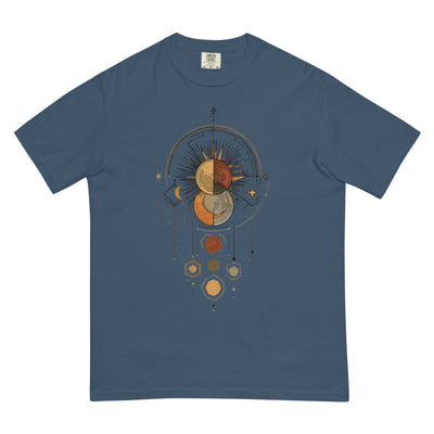 DROP1 EARTH harmonic geometry t-shirt flatlay front view minimal design.expressing organic balance through elemental form.