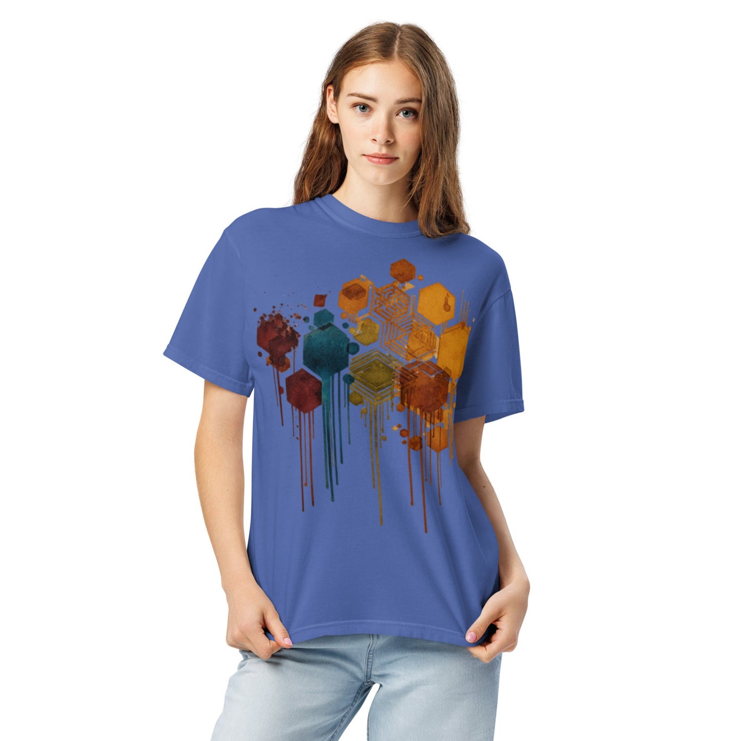 model wearing drop1 earth harmonic geometry t-shirt inspired by nature and balance