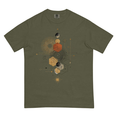 DROP1 EARTH harmonic geometry t-shirt flatlay front view minimal design.reflecting the muted rainbow tones of DROP1 Earth.