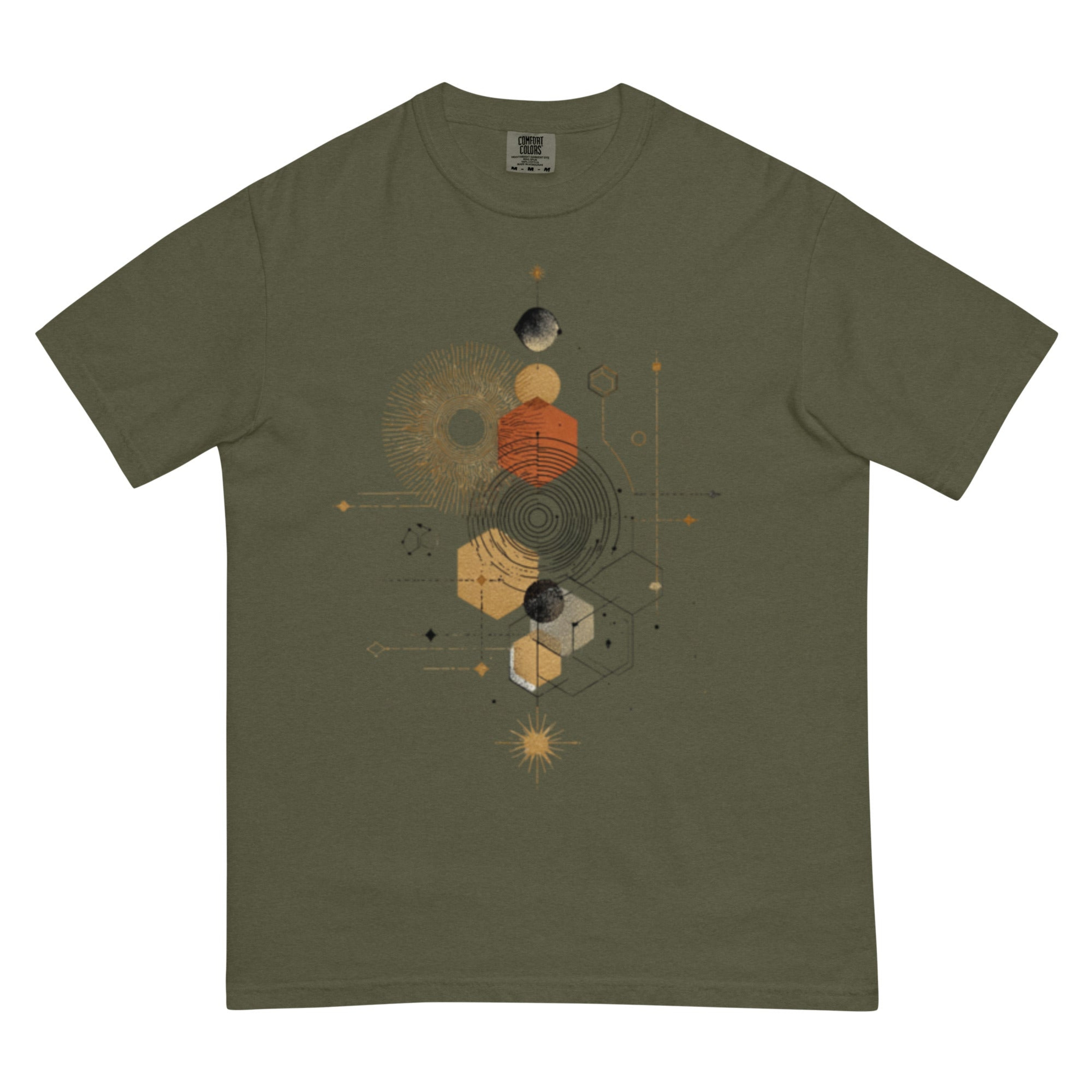 DROP1 EARTH harmonic geometry t-shirt flatlay front view minimal design.reflecting the muted rainbow tones of DROP1 Earth.