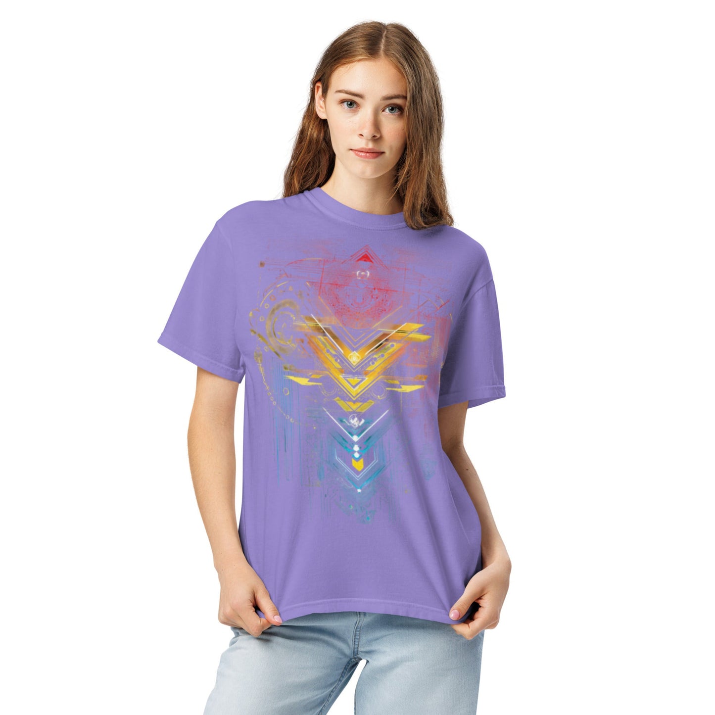 model wearing drop1 earth harmonic geometry t-shirt inspired by nature and balance