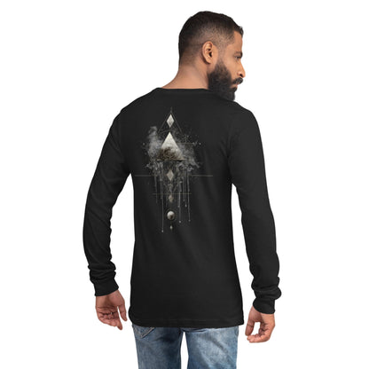 Product Model wearing black long sleeve T-shirt with white abstract geometric design, streetwear style, DROP1mockup