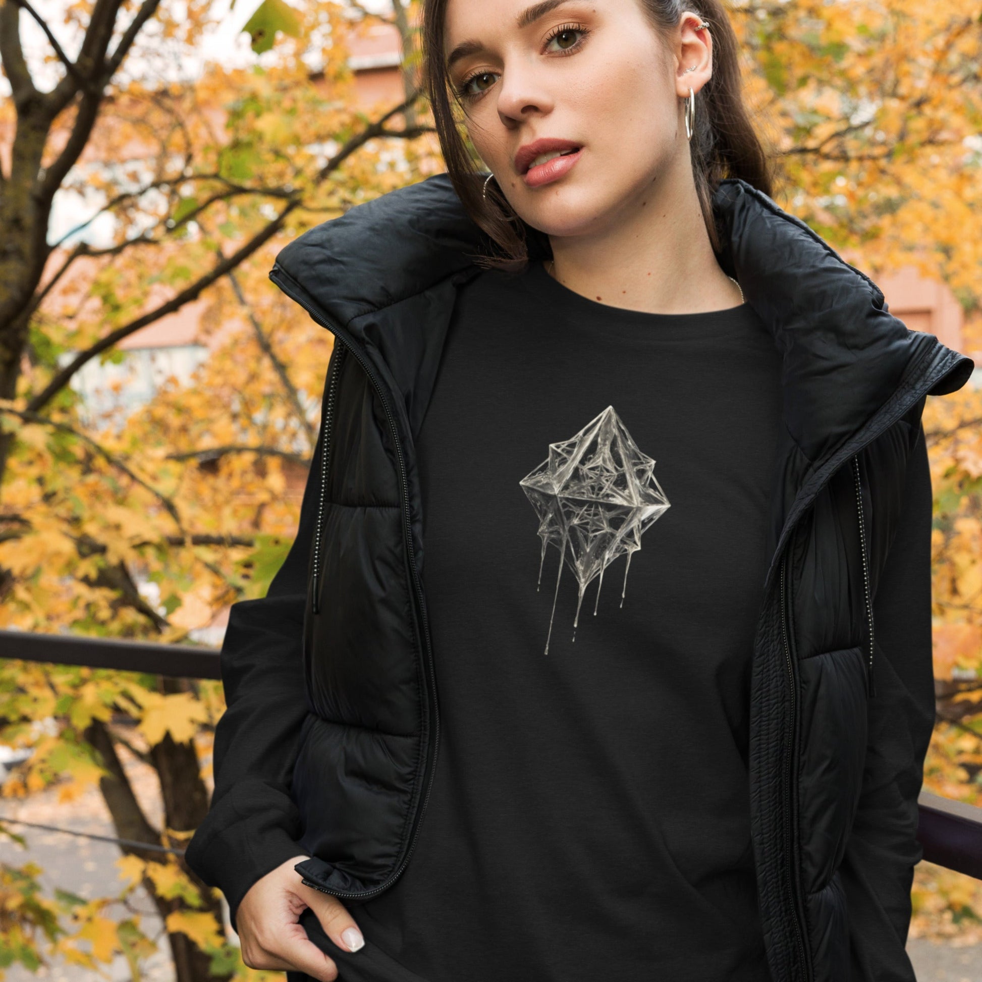 Model wearing black long sleeve T-shirt with white abstract geometric design, streetwear style, DROP1,one of one