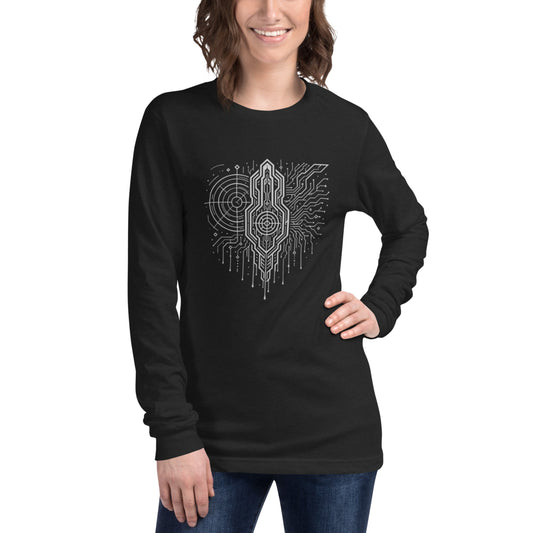 Model wearing a black T-shirt with bold monochrome geometric design, front view
