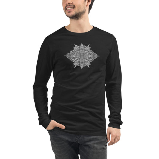 Model wearing a black T-shirt with monochrome geometric design, front view
