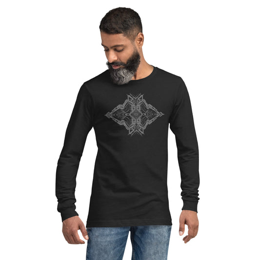 Model wearing a black T-shirt with monochrome geometric design, front view
