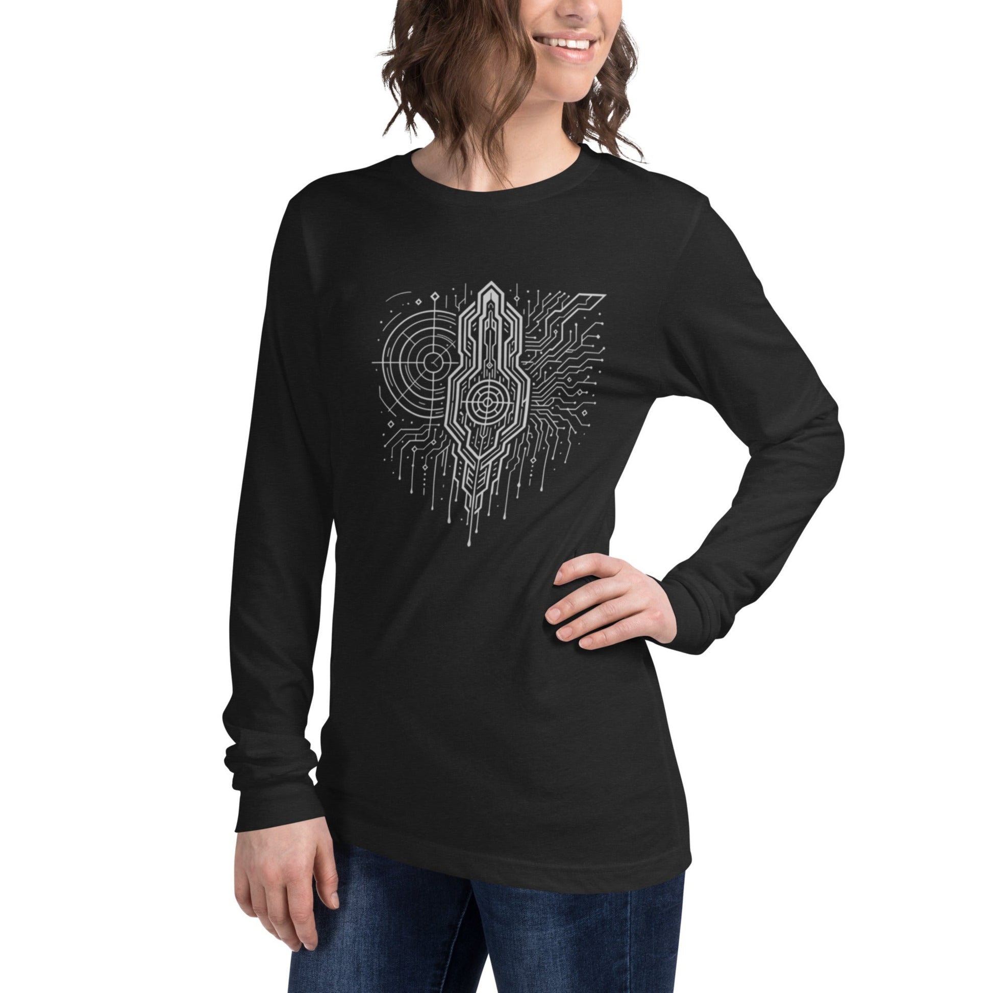 Model in black streetwear T-shirt featuring unique geometric pattern, front view
