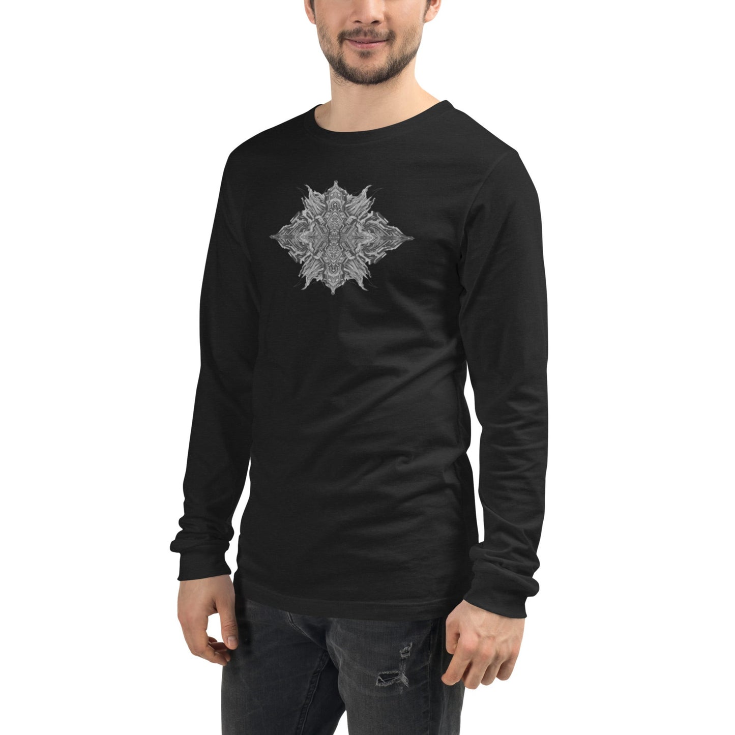 Model in black streetwear T-shirt featuring unique geometric pattern, front view
