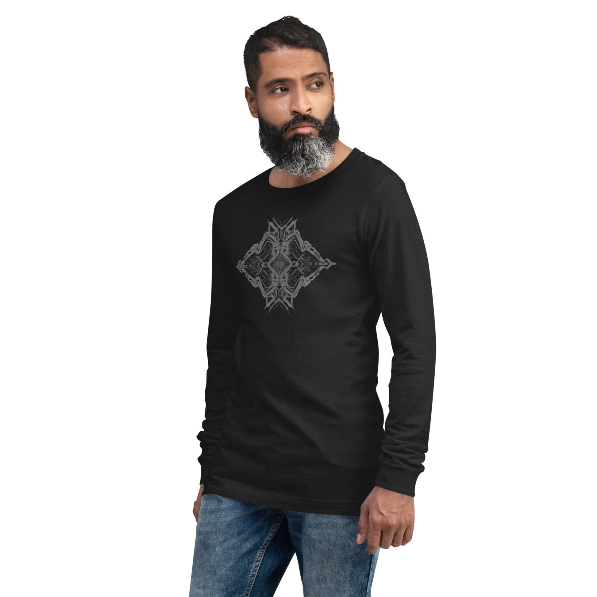 Model in black streetwear T-shirt featuring unique geometric pattern, front view
