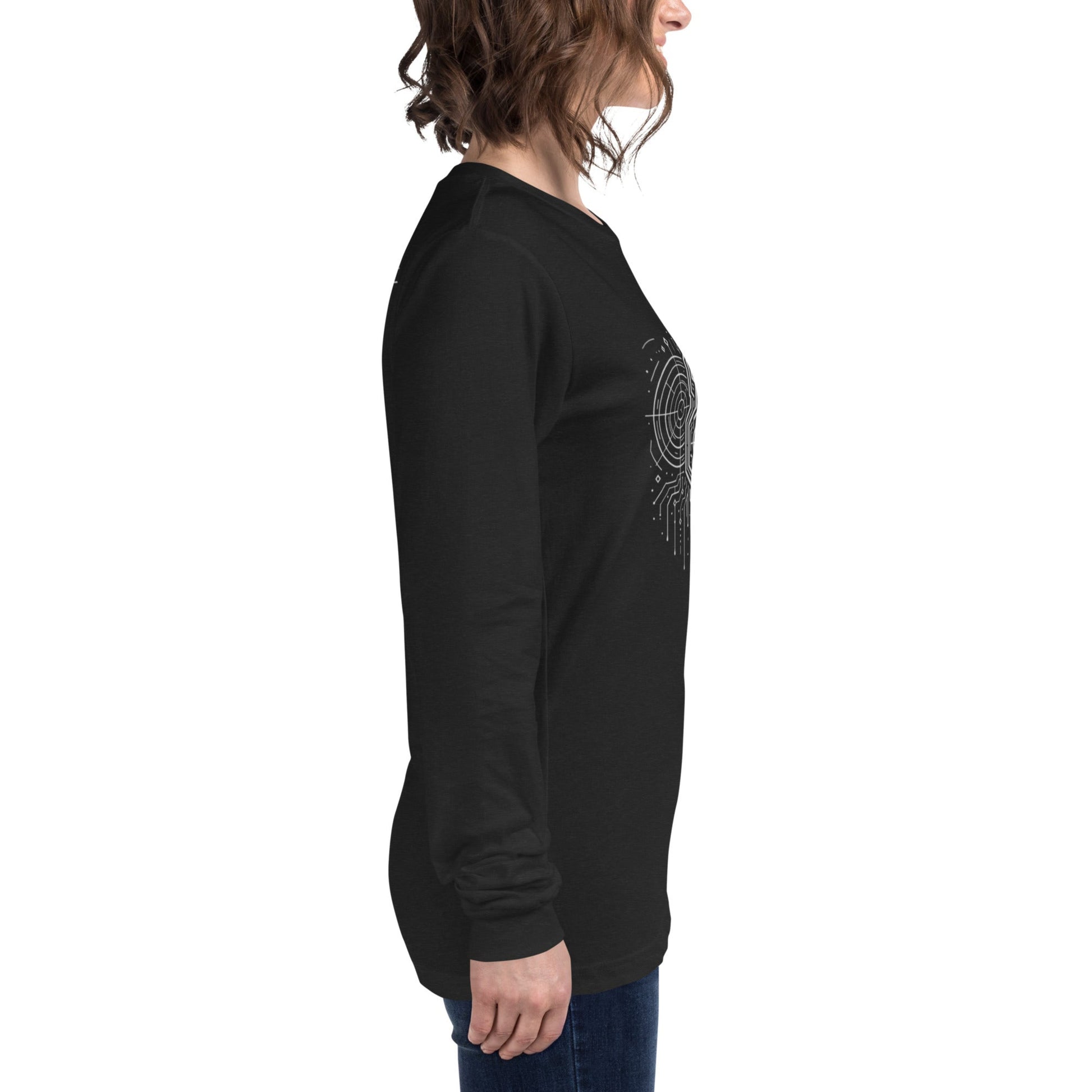 Side view of model wearing DROP1 black T-shirt with geometric streetwear design
