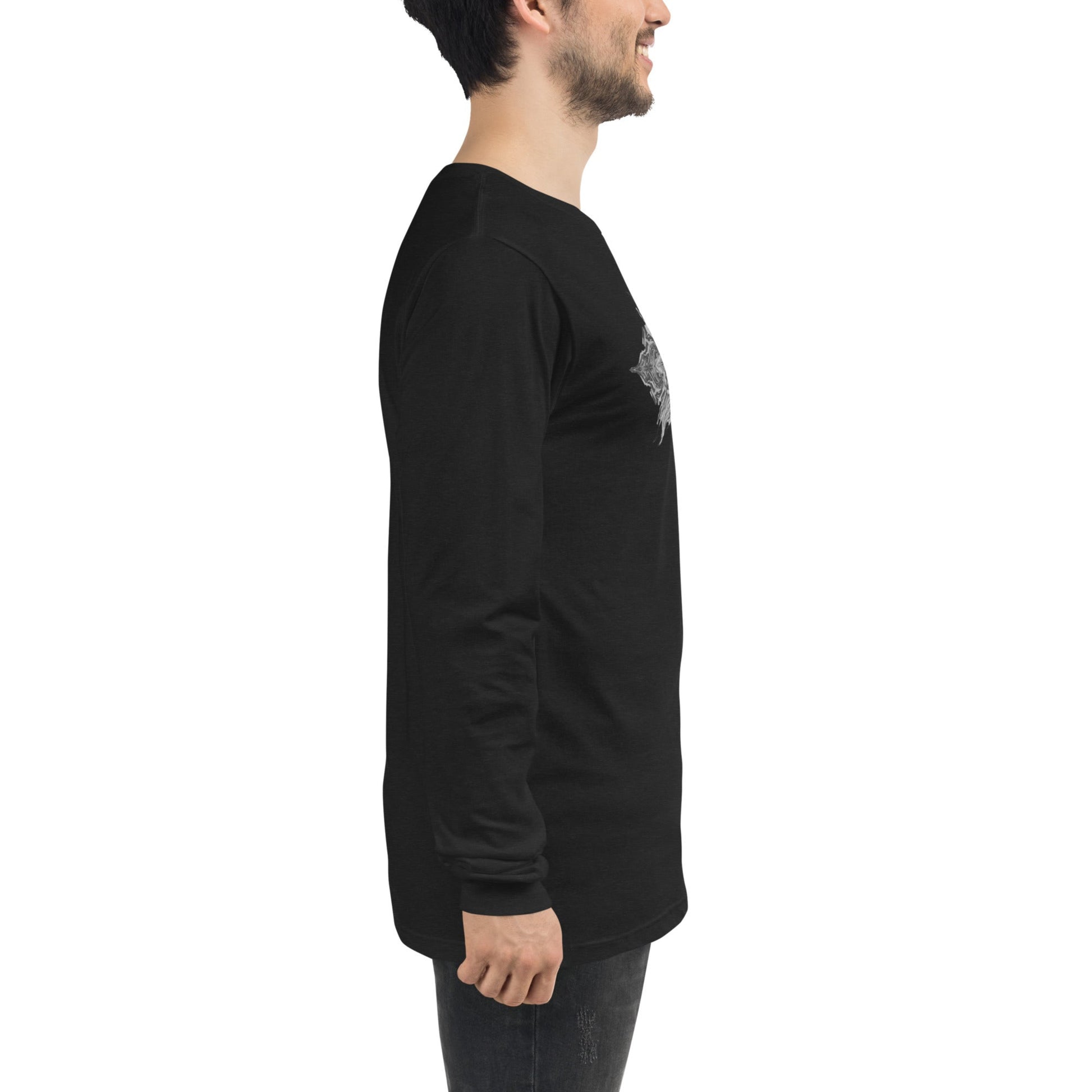 Side view of model wearing DROP1 black T-shirt with geometric streetwear design
