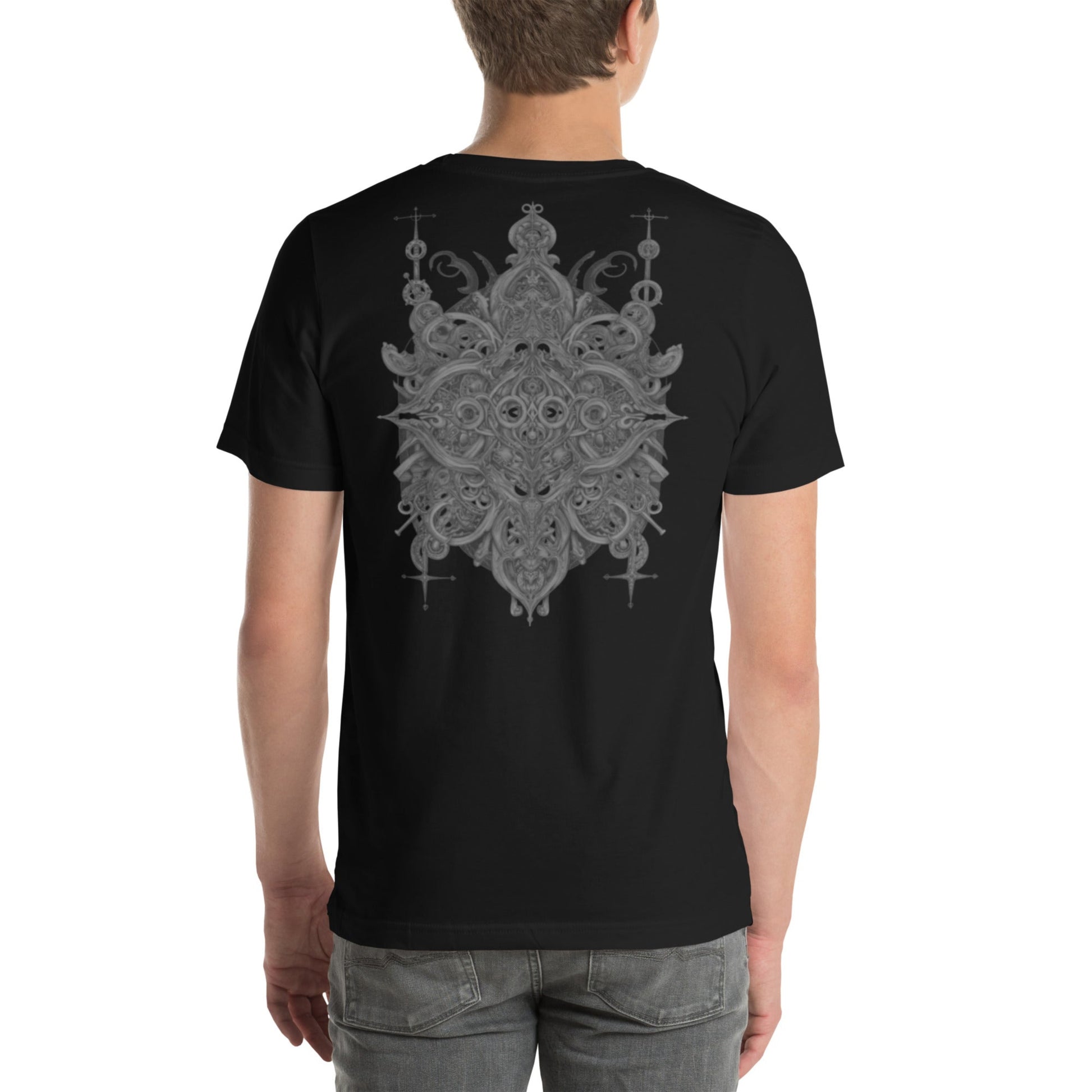 "Back view of DROP1 one-of-one streetwear T-shirt, featuring a large abstract graphic design in liquid and geometric style across the back."