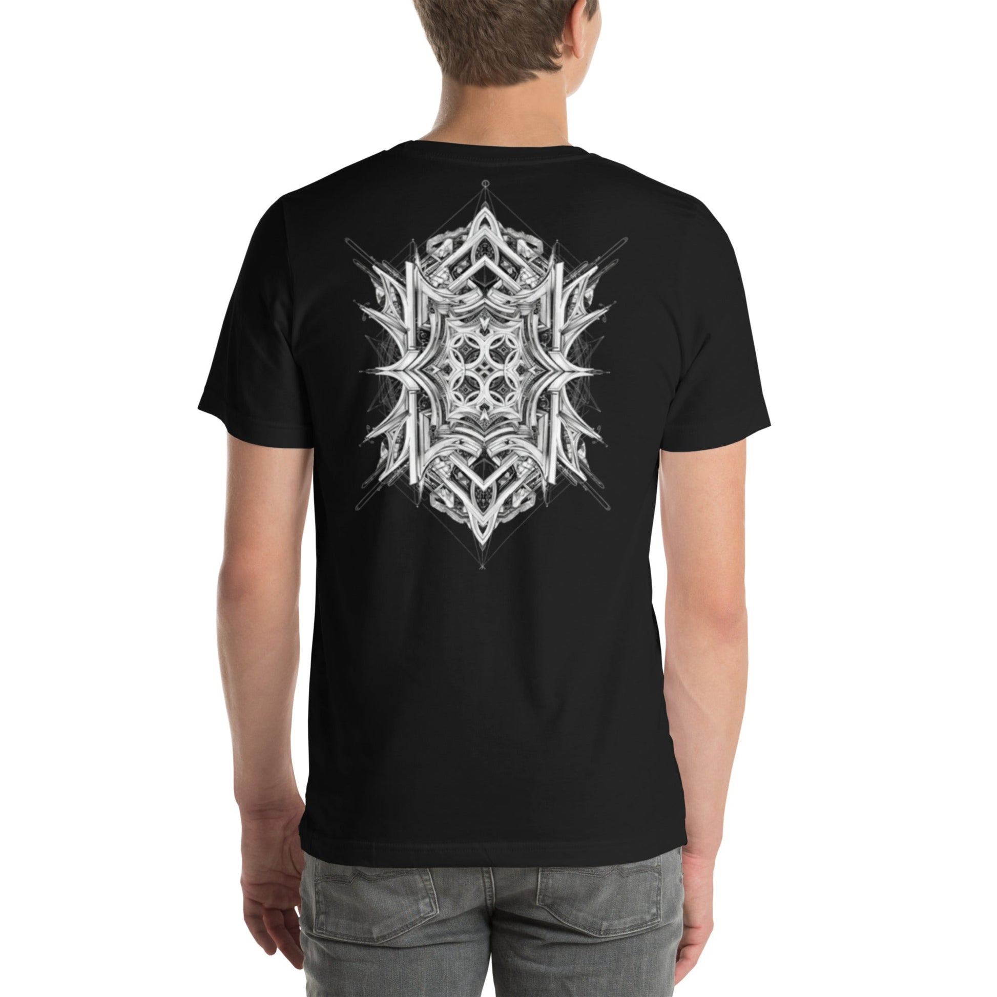 Back view of plain black T-shirt with minimal streetwear fit
