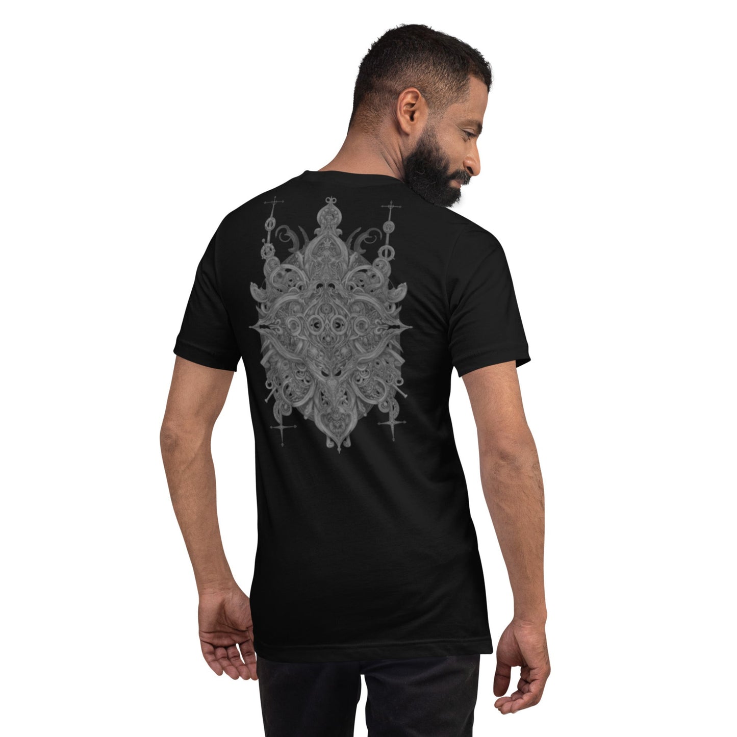 Back view of plain black T-shirt with minimal streetwear fit
