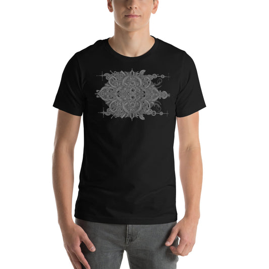 "Exclusive DROP1 Liquid Geometry T-shirt front view, black streetwear tee with bold abstract liquid and geometric artwork covering the front."