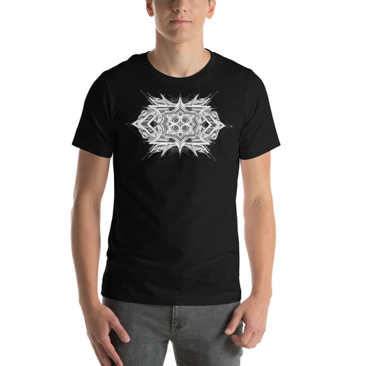Model wearing a black T-shirt with monochrome geometric design, front view
