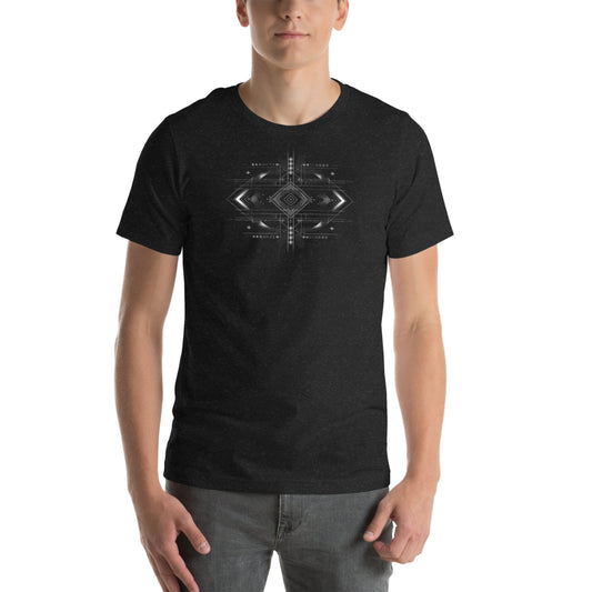 Model wearing a black T-shirt with monochrome geometric design, front view
