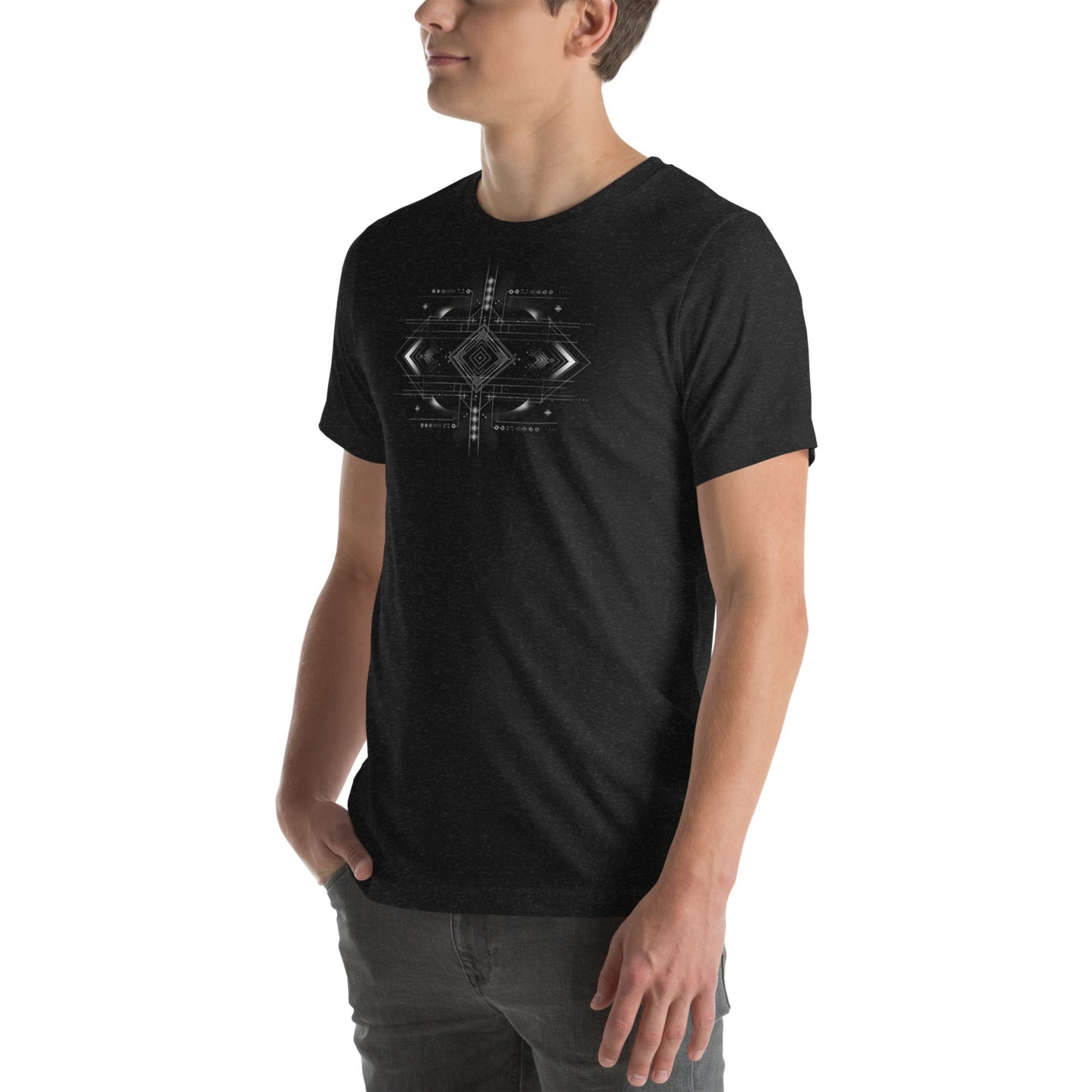 Model in black streetwear T-shirt featuring unique geometric pattern, front view

