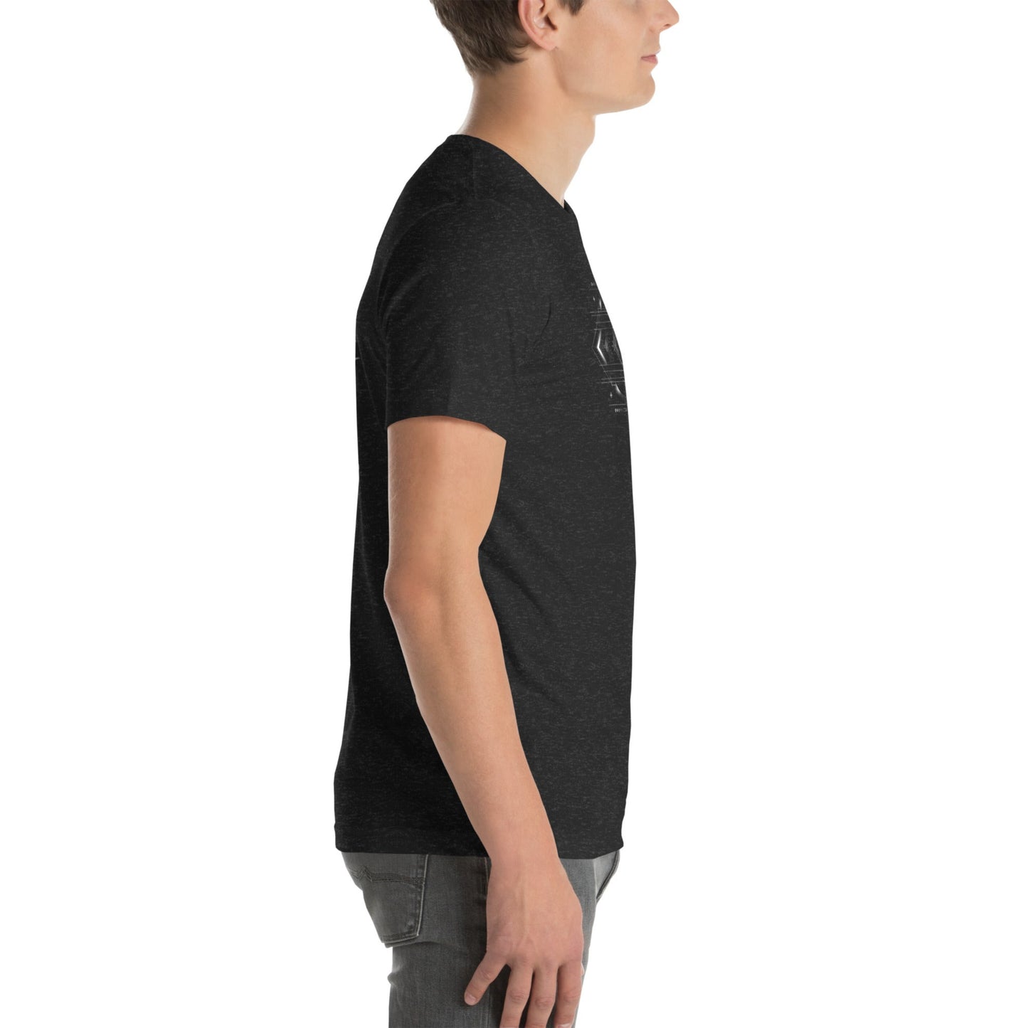 Side view of model wearing DROP1 black T-shirt with geometric streetwear design
