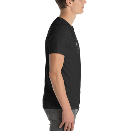 Side view of model wearing DROP1 black T-shirt with geometric streetwear design
