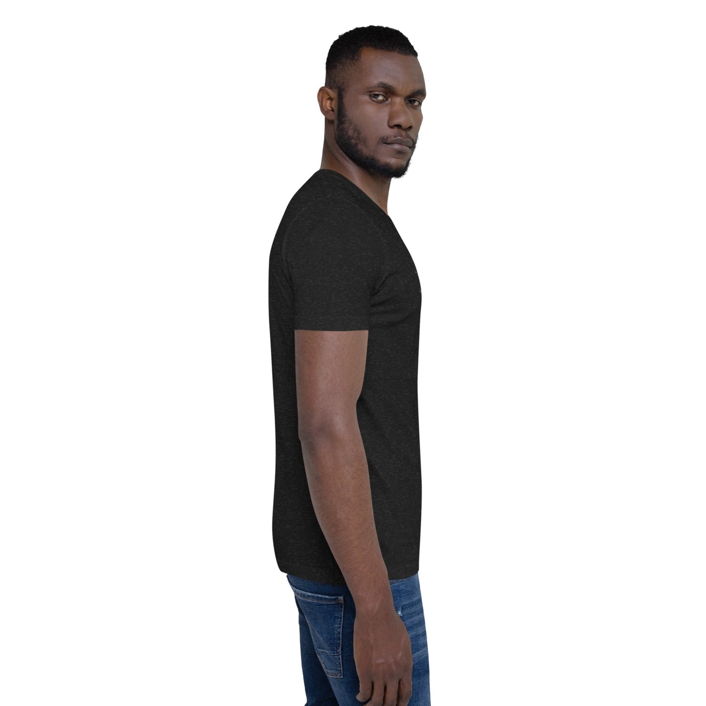 Side view of model wearing DROP1 black T-shirt with geometric streetwear design
