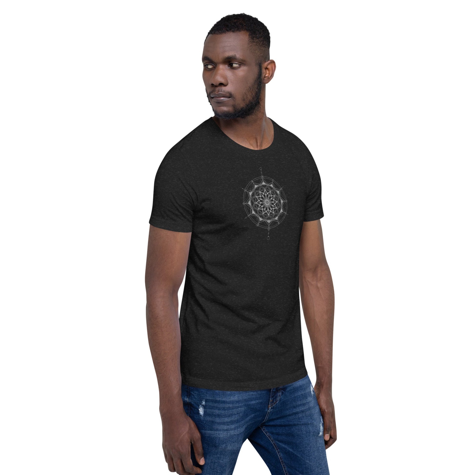 Model in black streetwear T-shirt featuring unique geometric pattern, front view
