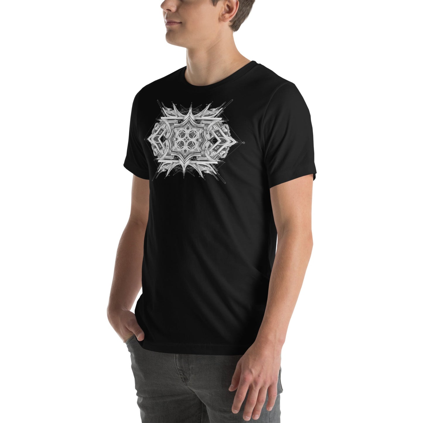 Model in black streetwear T-shirt featuring unique geometric pattern, front view
