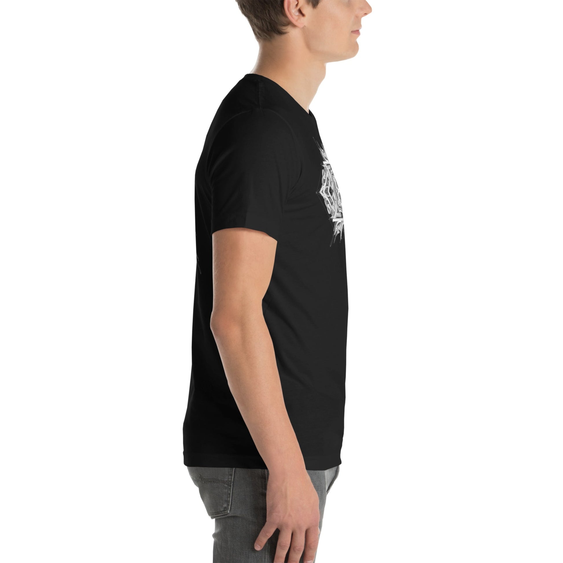 Side view of model wearing DROP1 black T-shirt with geometric streetwear design
