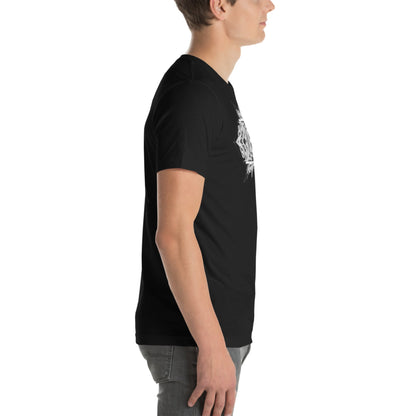 Side view of model wearing DROP1 black T-shirt with geometric streetwear design
