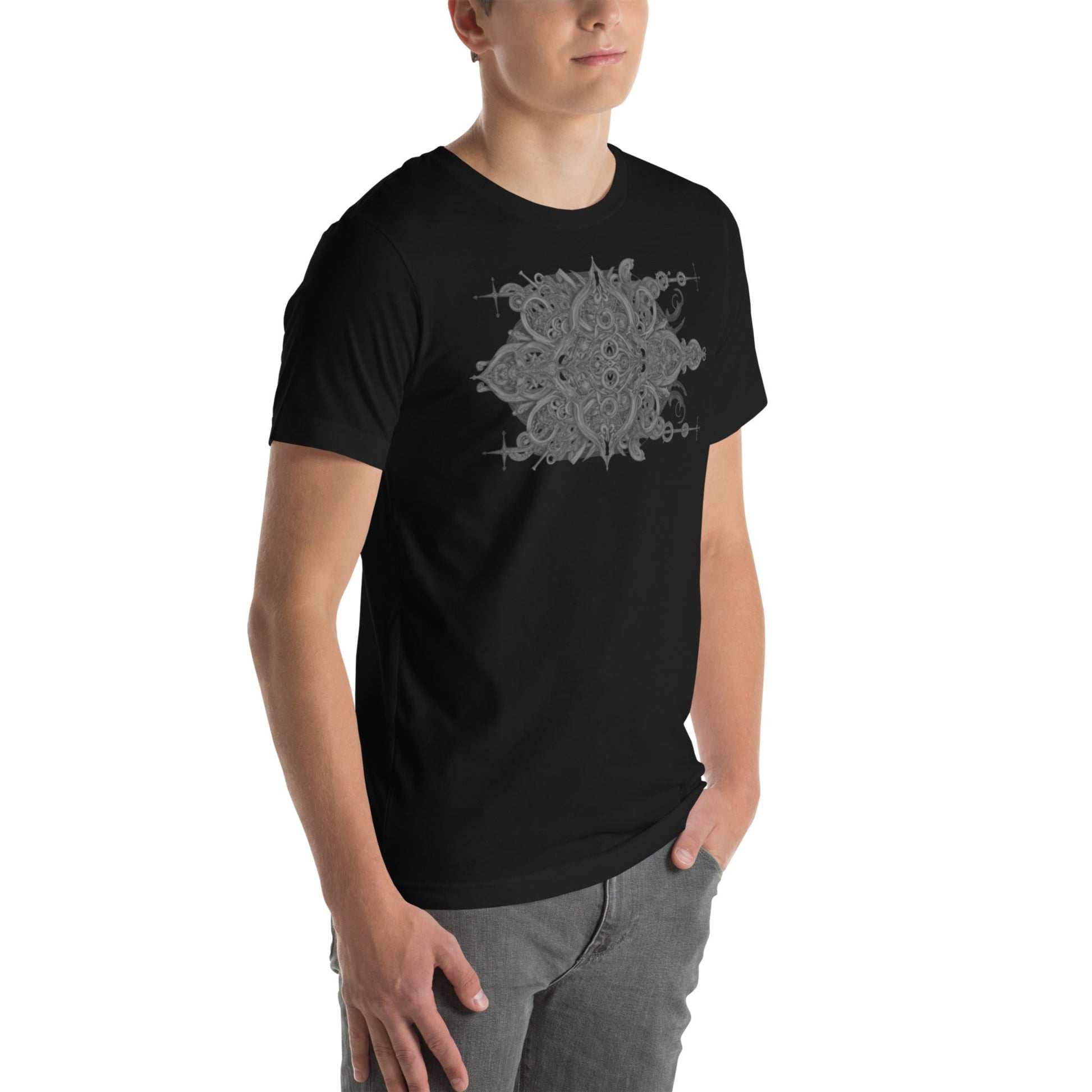 "Model wearing DROP1 one-of-a-kind streetwear T-shirt, displaying the striking large-scale graphic artwork ."