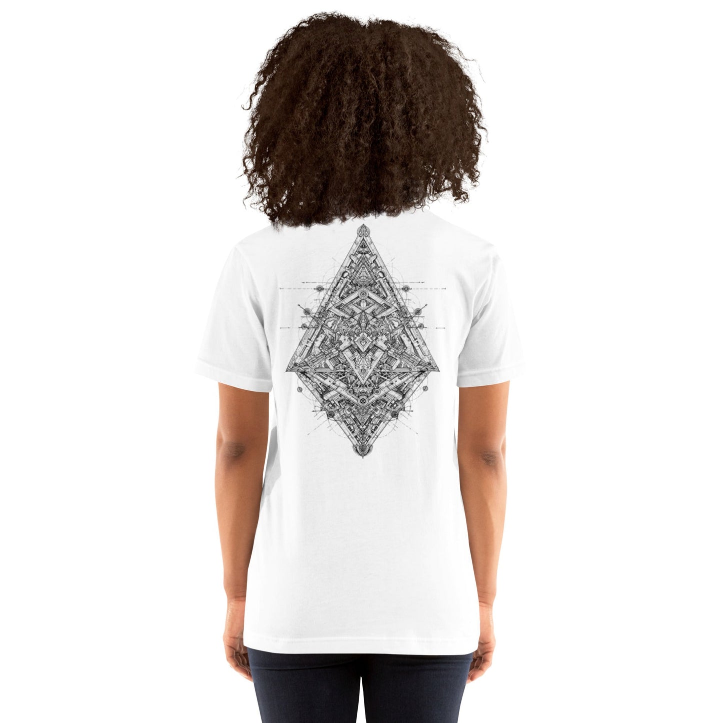 Back view of model in DROP1 one of a kind white streetwear T-shirt with geometric pattern